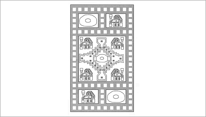 Módulo de la iconografía en el traje Chimú que representa el centro ceremonial de Chan Chan (Dibujo, Brugnoli et al. 1997: Fig.26).