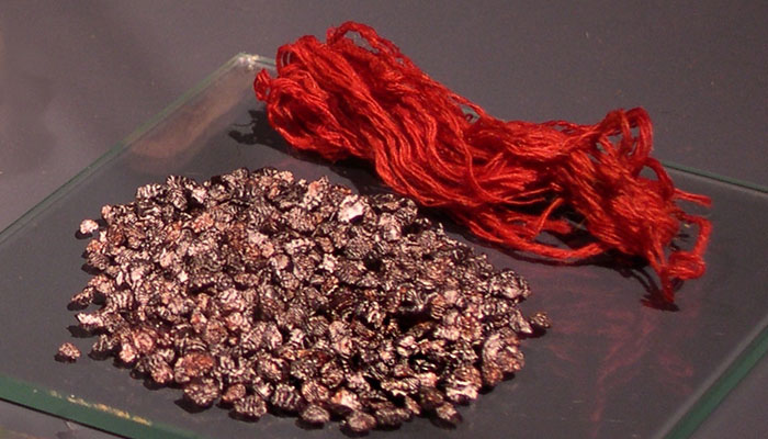 Fibra de camélido andino teñido y cochinilla peruana (<em>Dactylopius coccus</em>).