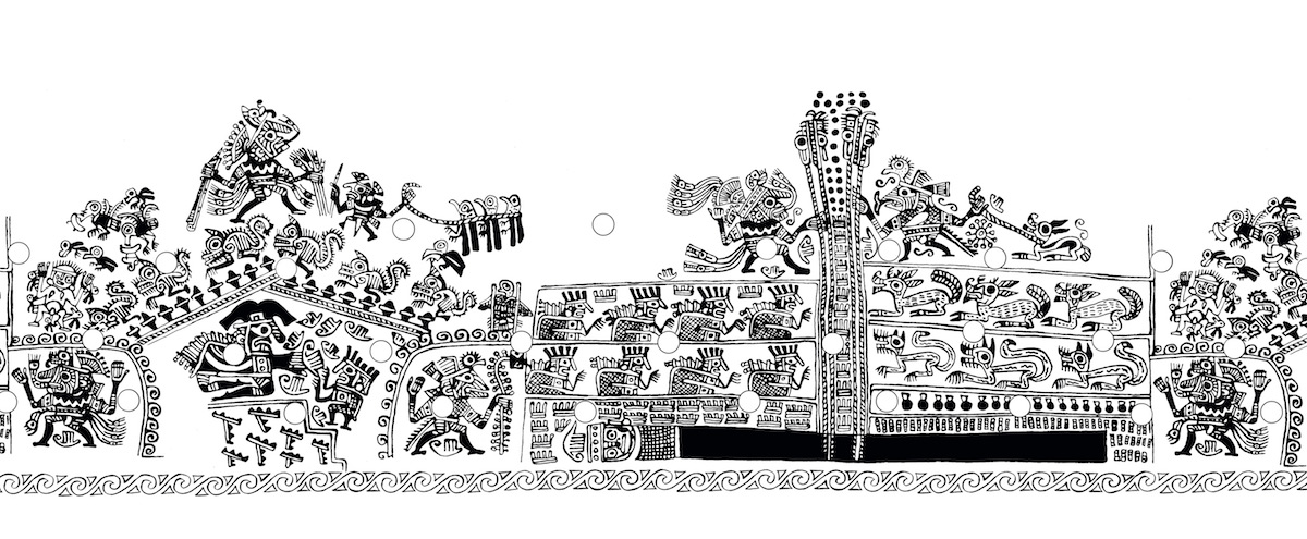 Dibujo. Escena de entierro de un gobernante. Botella de cerámica, Moche, costa centro norte del Perú, 400- 600 d.C./ Colección Museo Chileno de Arte Precolombino, 2918.