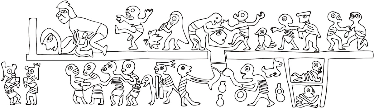 Dibujo. El mundo de los vivos y el mundo de los muertos. Botella de cerámica. Moche, costa centro norte del Perú, 1-700 d.C. / Colección Museo Colchagua, PE-MCOL 01 (250 x 130 mm).
