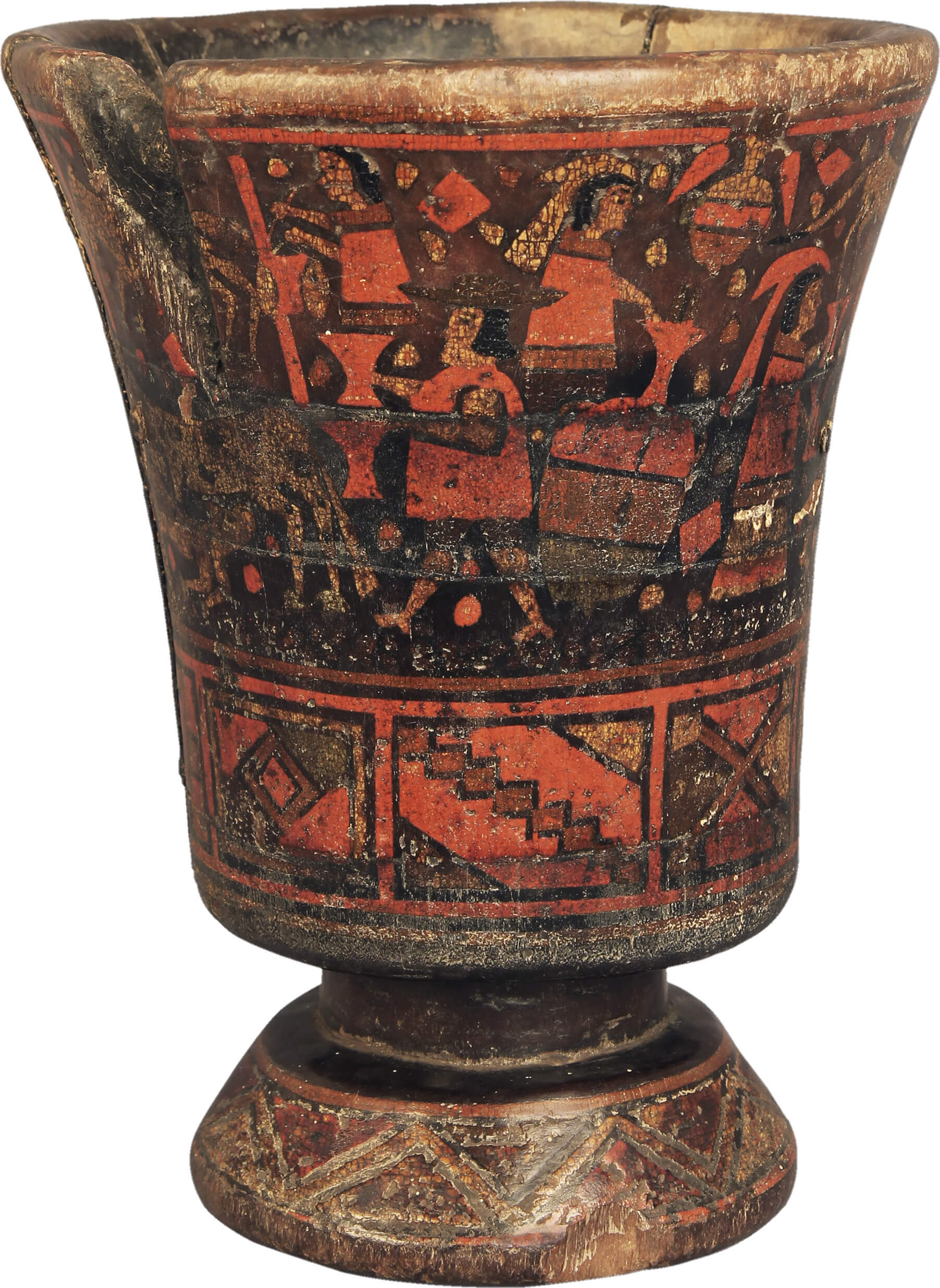 Kay Pacha, tiempo colonial. Vaso-quero, madera policromada, Andes Centrales del Perú. Período Colonial, Siglos XVI-XVIII. Colección Museo Chileno de Arte Precolombino, 3348 (225 x 174 mm).