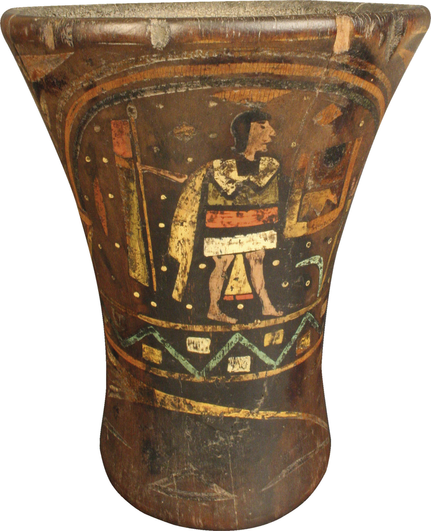 Purum Pacha, tiempos del Inka. Vaso-quero, madera policromada, Andes centrales del Perú. Período Colonial, Siglos XVI-XVIII. Colección Museo Chileno de Arte Precolombino, 2322 (190 x 160 mm).