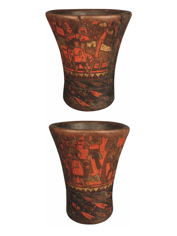 Inka enfrentando a un guerrero de la selva (Anti). Vaso-quero de madera. Colonial, Andes Centrales del Perú, Siglos XVI-XVIII. Colección Museo de Colchagua, PE-MCOL 08 (180 x 120 mm).