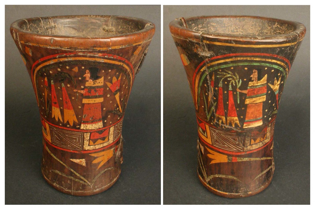 Poesía visual. Estructura de pares semánticos. La escena se repite dos veces. Doblete en vaso-quero de madera, Colonial, Andes Centrales del Perú, Siglos XVI-XVIII, Colección Museo Chileno de Arte Precolombino, 2323 (195 x 170 mm)