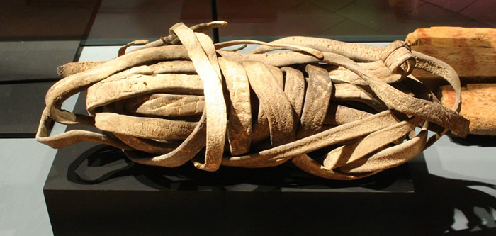 Línea para caza de mamíferos marinos. Cuero de lobo marino. Cultura Arica – lnka 1400 -1536 d.C. Colección Manuel Blanco Encalada ,MCHAP.