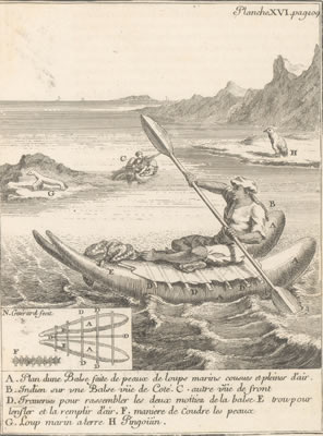 Ilustración de chango en su balsa de cuero de lobo marino