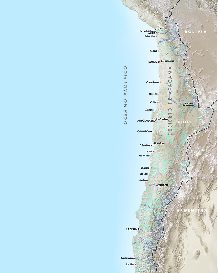 La costa del norte de Chile entre Arica y Antofagasta. {producción F. Maldonado ,sobre base topográfica cortesía Laboratorio SIG CASES ,PUC)