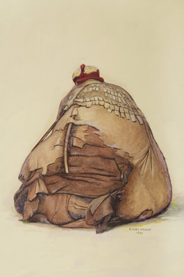 “Una vez retirados los paños carbonizados… bajo el llauto o turbante de lana roja y los adornos de plumas amarillas hay una piel curtida de venado colocada a manera de capas, formada por infinidad de flecos de piel”. Segunda Fase. Acuarela, Pedro Rojas Ponce, 1941. 47, 5 x 36 cm (INC/MNAAHP, Inv. AT-1096)