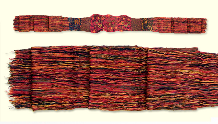 Banda cefálica. Tejido anudado, trenzado oblicuo y encordado; fibra de camélido. Momia Nº 253, objeto Nº 9. 442 x 24 cm (INC-MNAAHP, RT-1615).