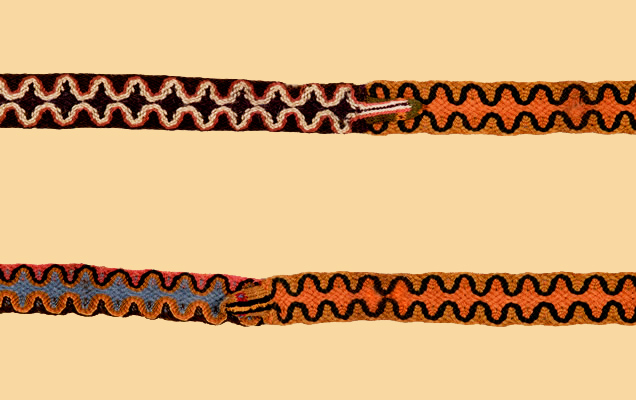 Banda cefálica (detalle). Tejido trenzado en torzal y anillado cruzado; fibra de camélido. Momia Nº 38, objeto Nº 43. 446 x 2 cm (INC-MNAAHP, RT-1875).