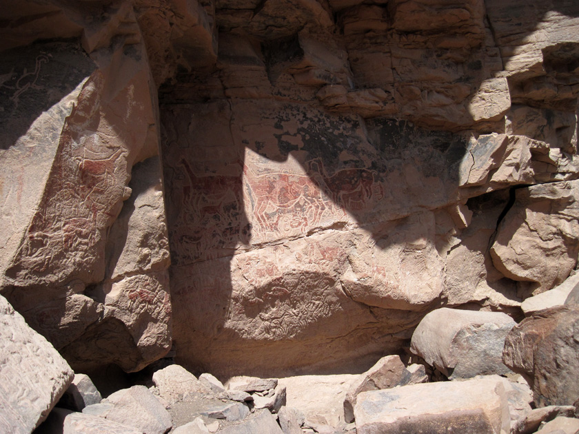 Secuencia fotográfica de un panel principal del Alero Taira durante el día del solsticio de verano. En la segunda toma, el sol “marca” el vientre de una de las llamas.