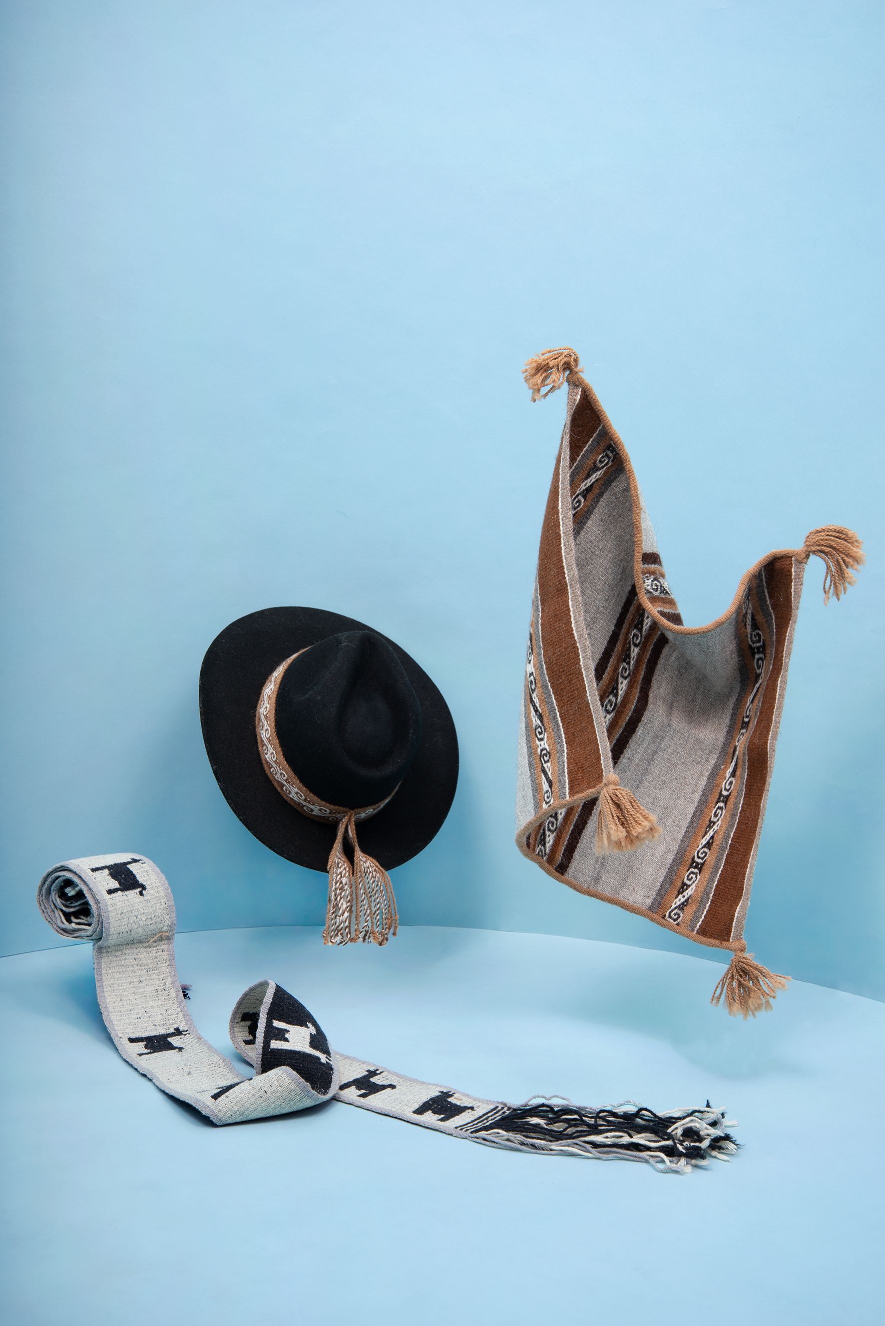 Cloth or Inkuña. Adriana Puca | Atacameño/Lickanantay, 2025. Hat with band. Nolvia Puca | Atacameño/Lickanantay, 2025. Belt. Evangelista Soza | Atacameño/Lickanantay, c. 1998. Private collection, Victoria Castro. Photograph by Justine Graham.