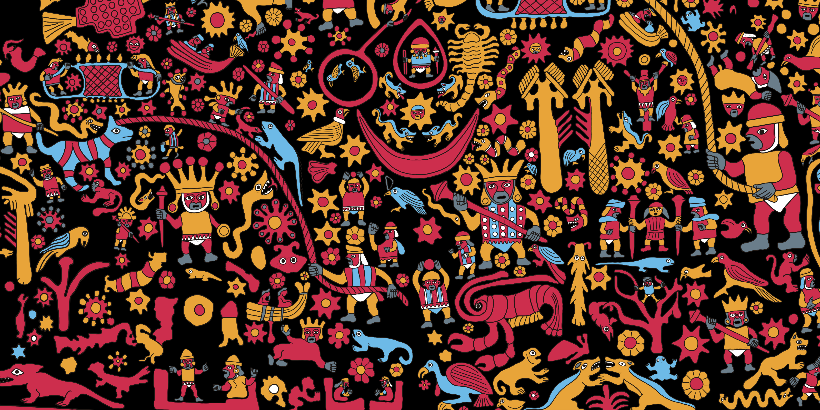 La fiesta de las imágenes en los Andes. Arte mural en la pirámide Huaca de la Luna, cultura Moche, costa centro norte del Perú. Reproducción gráfica del original. Ilustración, Álvaro Arteaga.